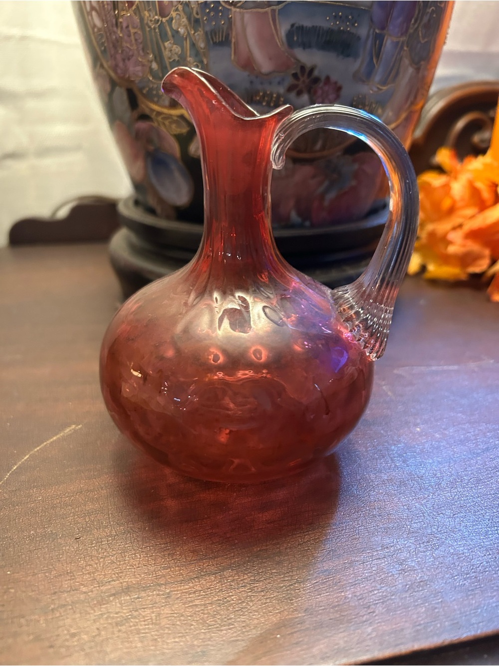 Vintage Pilgrim cranberry small Glass Pitcher Vase with Clear Handle